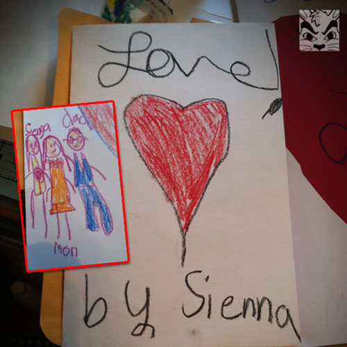 Sienna made us a card with a story inside and drew us inside. So precious!